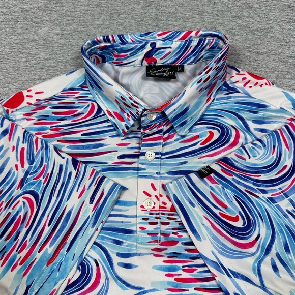 Sunday Swagger Other - Sunday Swagger Polo Shirt Mens Medium Blue Red Surfer Ocean Print Stretch Golf